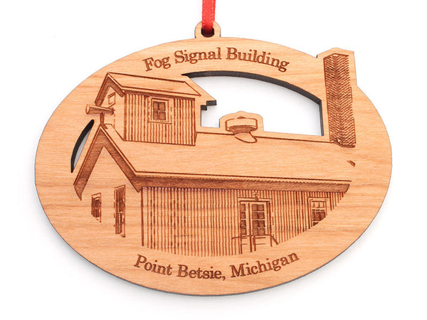 Point Betsie Fog Building Oval Custom Ornament - Nestled Pines