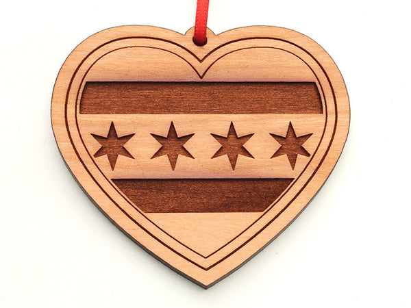 Chicago Flag Heart Ornament with Stars Engraved