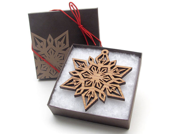 Detailed 3 1/2" Wood Snowflake Ornament Gift Box - Design F - Nestled Pines - 2