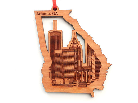 Atlanta Georgia State Shape Custom Ornament with Detailed City Skyline Engraving - Nestled Pines