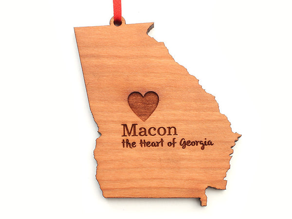 Macon Georgia State Shape Custom Ornament with Heart Engraving - Nestled Pines