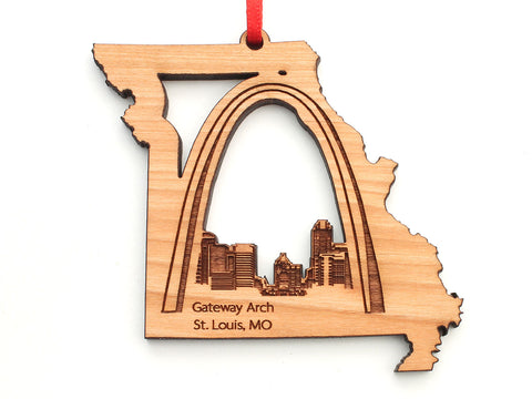 Saint Louis Missouri State Shape Ornament with Detailed City Skyline Engraving and St. Louis Arch