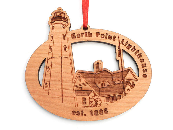 North Point Lighthouse Oval Custom Wood Ornament - Nestled Pines - 2