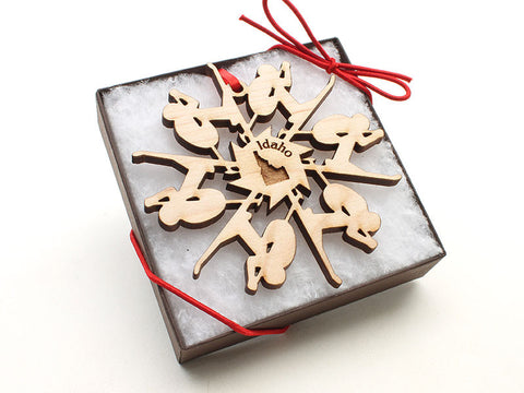 Birds Nest Skier Snowflake with Idaho Engraving Ornament Gift Box