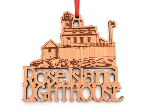 Rose Island Lighthouse Custom Text Ornament - Nestled Pines