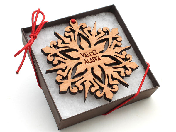 Valdez Alaska Wood Snowflake Ornament Gift Box