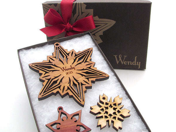 Christmas Star Custom Engraved Wood Snowflake Ornament - Nestled Pines - 5
